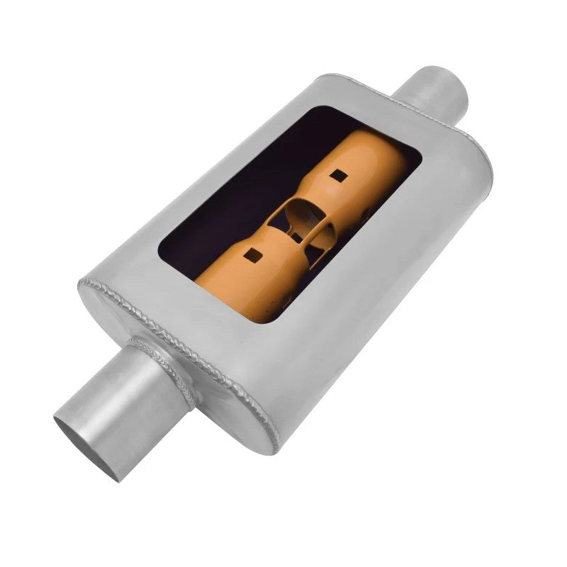 Gibson MWA series stainless steel 14-inch oval muffler showing 3-inch offset and center connection ports