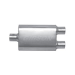 Gibson MWA Superflow stainless steel oval muffler with 3-inch center inlet and 2.5-inch dual outlets.