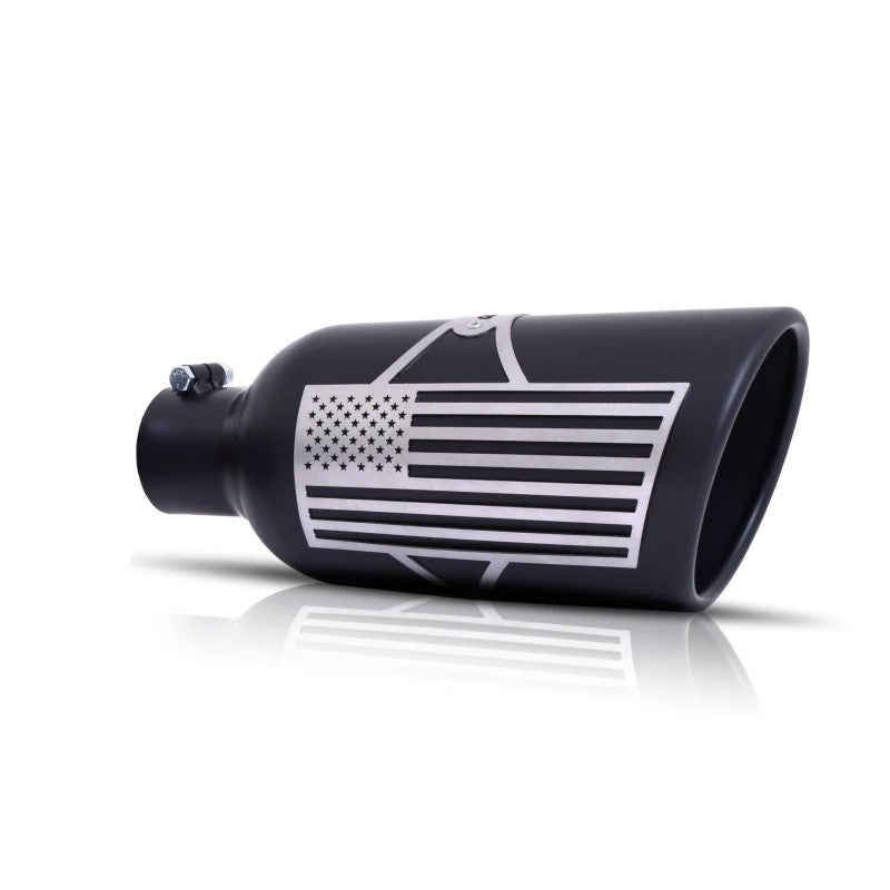 Black ceramic T304 stainless steel 5-inch exhaust tip with a rolled edge, slash-cut design, and brushed American flag badge