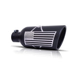 Black ceramic T304 stainless steel 5-inch exhaust tip with a rolled edge, slash-cut design, and brushed American flag badge