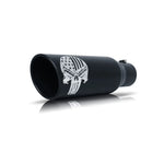 Black ceramic Gibson Patriot Series Skull exhaust tip with a rolled edge, angle-cut profile, and brushed stainless badge.