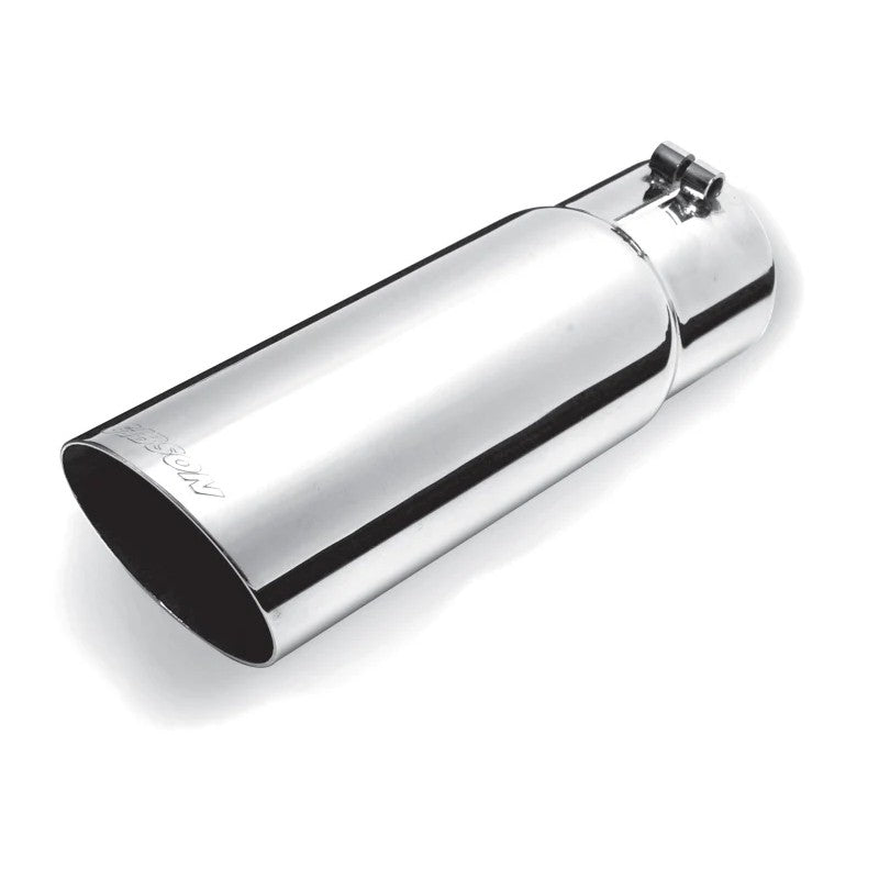 Gibson polished stainless steel exhaust tip with 2.25 inch inlet and 8 inch long angle-cut 3 inch outlet.