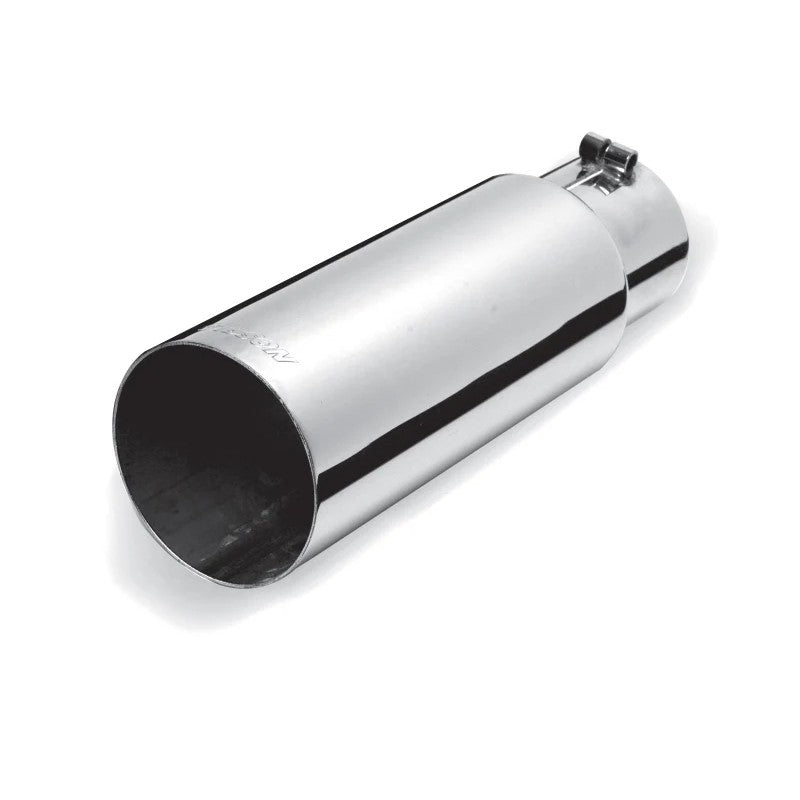 Polished stainless steel Gibson exhaust tip with a 2.5 inch inlet, 3 inch outlet, and embossed logo.
