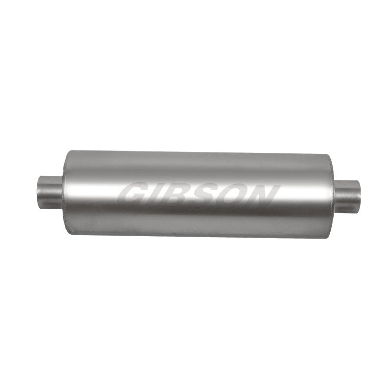 Gibson SFT Superflow series stainless steel round muffler with 3-inch center inlet and center outlet.