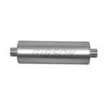 Gibson SFT Superflow series stainless steel round muffler with 3-inch center inlet and center outlet.