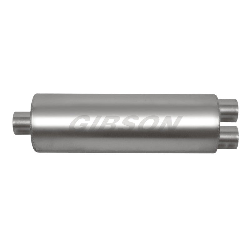 Gibson SFT Superflow stainless steel performance muffler with 3-inch center inlet and dual 2.5-inch round outlets.