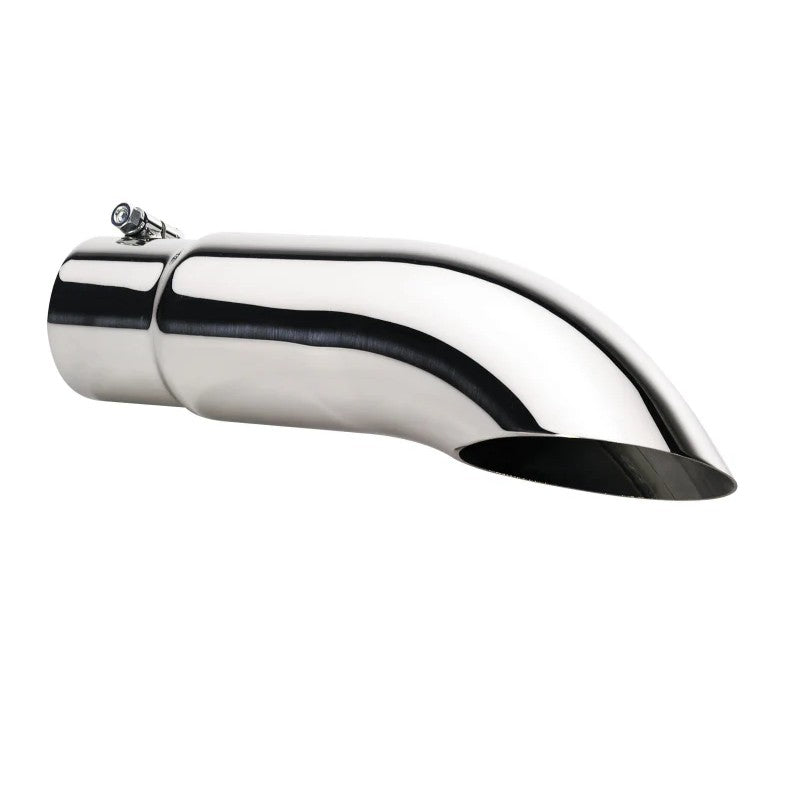 Gibson 500409 polished stainless steel turn-down slash-cut exhaust tip with 2.25 inch inlet and embossed logo.