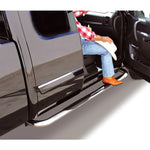 Go Rhino 4000 Series 3-inch polished stainless steel round side steps with black non-slip step pads for Ford trucks.