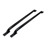 Go Rhino semi-gloss black steel stake pocket bed rail with welded base plate and protective foam mounting gasket.