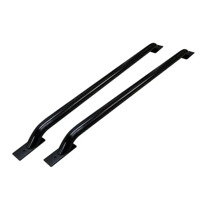 Go Rhino semi-gloss black steel stake pocket bed rail with welded base plate and protective foam mounting gasket.