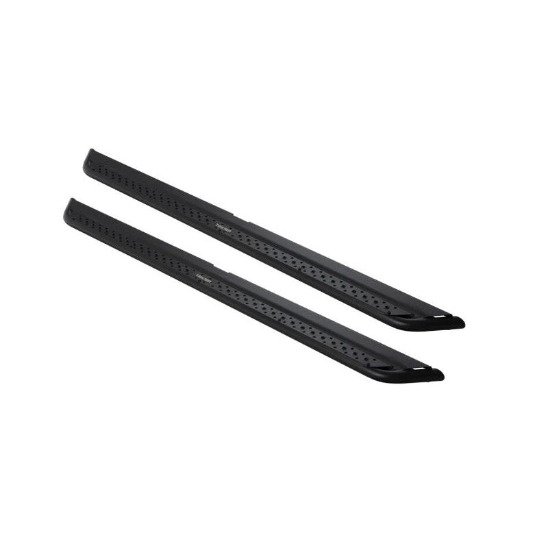 Go Rhino Dominator Extreme DSS 87-inch textured black sliders with removable punched steel step plates and outer rub rails.