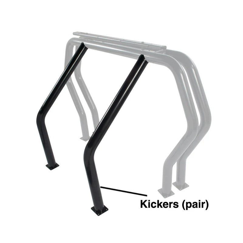 Go Rhino 3-inch black powder-coated steel bed bar kickers with bolt-on mounting hardware.