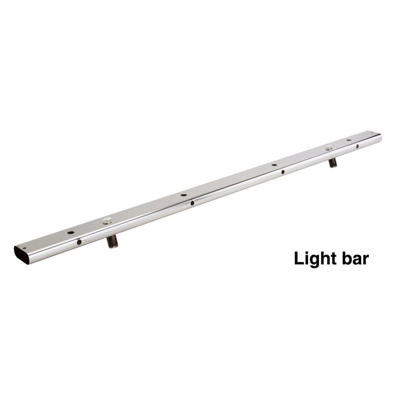 Polished stainless steel Go Rhino RHINO Bed Bar Lite Bar showing light mounting tabs and bolt-together construction.