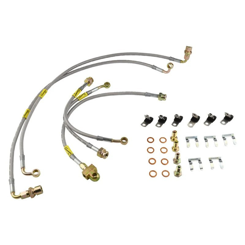 Goodridge 14175 stainless steel braided brake lines with PTFE inner liners and corrosion-resistant fittings.