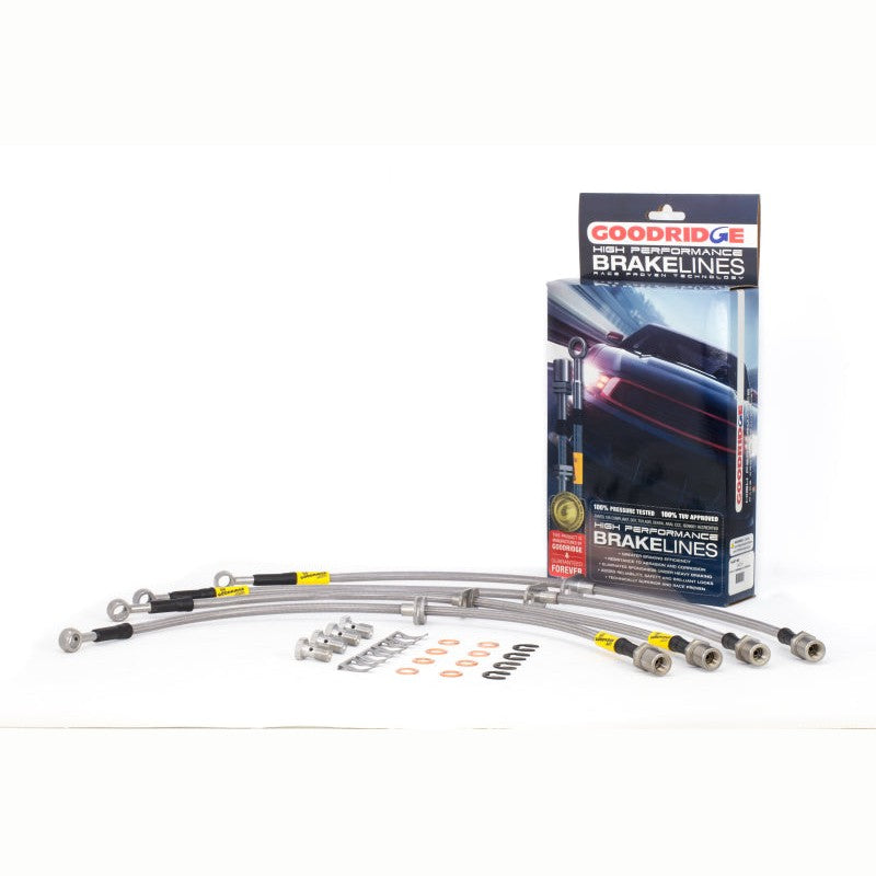 Goodridge stainless steel braided brake lines with fittings for 2008-2014 Subaru WRX STI with Brembo calipers.