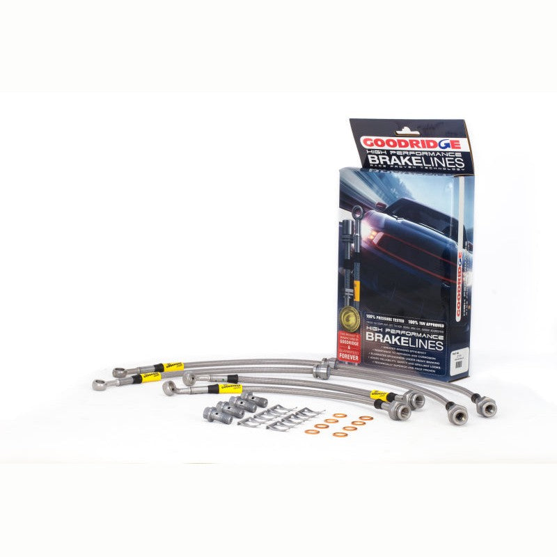 Goodridge stainless steel braided brake line kit with silver fittings for 2009-2014 Nissan Maxima S and SV.