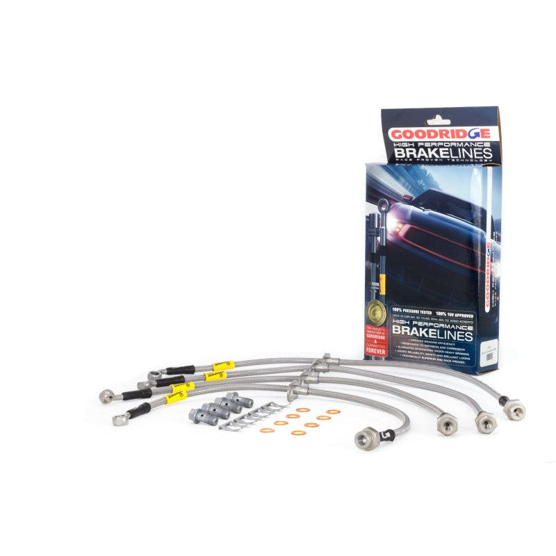 Goodridge 20109 stainless steel braided brake lines with silver end fittings for Acura MDX and Honda Pilot.