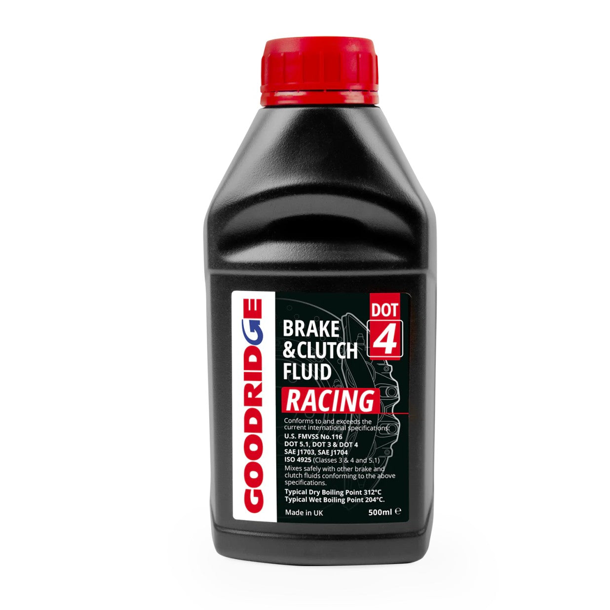 500ml bottle of Goodridge Racing DOT 4 brake and clutch fluid with 312°C / 593°F dry boiling point rating