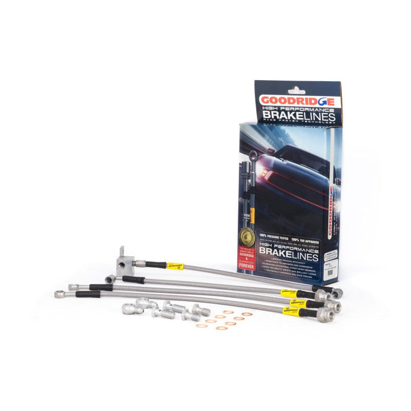 Goodridge 25001 stainless steel braided brake line kit with fittings for 1990-2005 Mazda Miata.