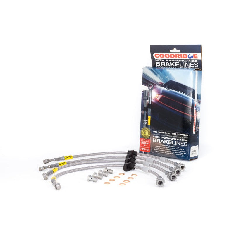 Goodridge stainless steel braided brake line kit with silver fittings for 1998-2002 Honda Accord with rear disc brakes.