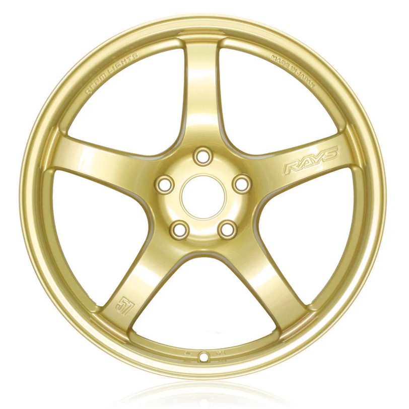 Gram Lights 57CR five-spoke concave wheel in E8 Gold finish, 18x9.5 size with 5x114.3 bolt pattern.