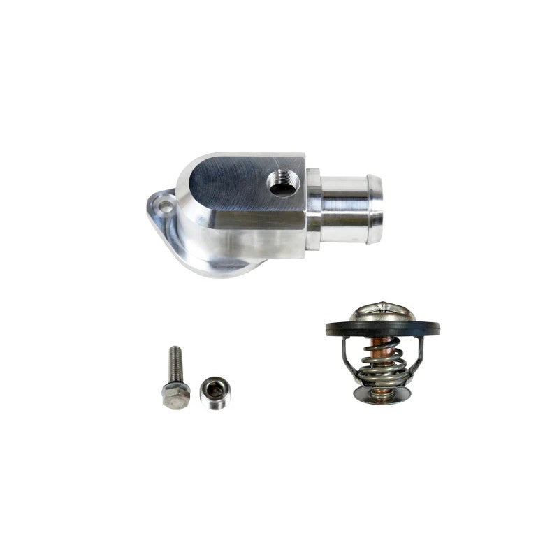 Granatelli 430160 CNC-machined billet aluminum thermostat housing with 160-degree high-performance thermostat.