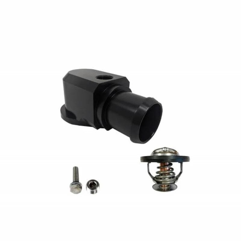 Black anodized billet aluminum thermostat housing with 180 degree thermostat for 2018-2019 Jeep Trackhawk.