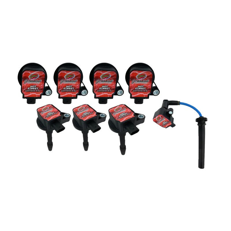 Granatelli Hot Street Series 50,000 volt ignition coils and wire connectors for 2018-2023 Ford 5.0L engines.
