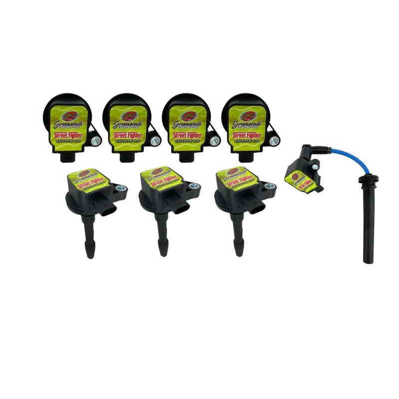Granatelli Street Fighter 35,000V ignition coil packs and wire connector kit for Ford Coyote 5.0L engines.