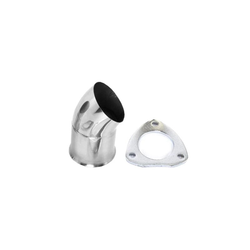 Granatelli 2.5 inch 304 stainless steel exhaust turn down tip with 3-bolt flange and replacement gasket.