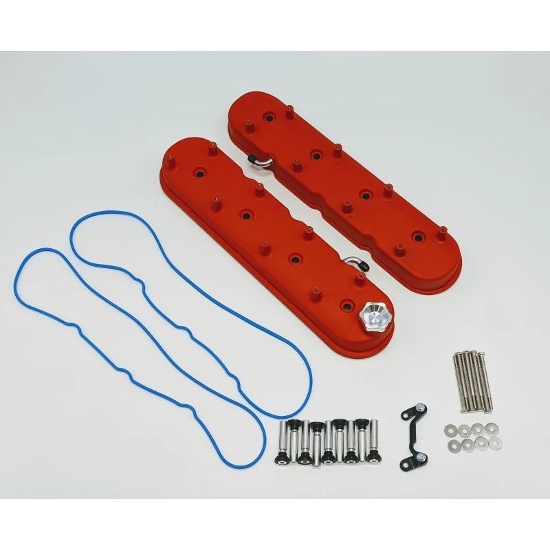 Pair of Granatelli red wrinkle tall LS valve covers with integrated angled ignition coil mounting points.