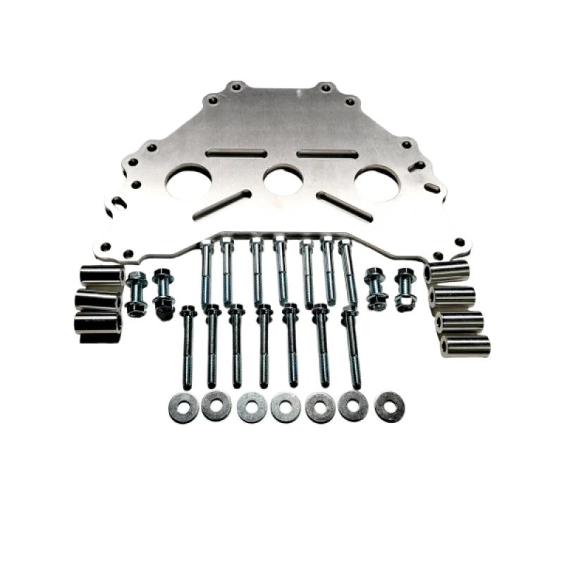 Machined billet aluminum adapter plate for Ford engine stands featuring precision-drilled mounting holes