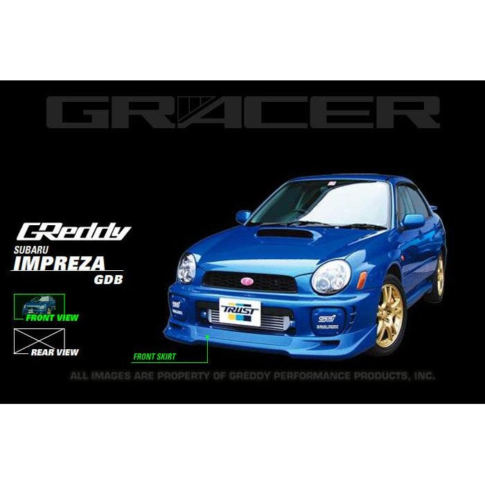 GReddy polyurethane front lip spoiler in a natural unpainted finish for 2002-2003 Subaru Impreza WRX.