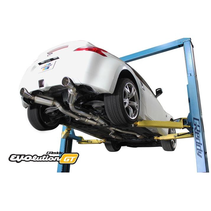 GReddy Evolution GT dual cat-back exhaust system with stainless steel piping and dual polished tips for Nissan 370Z.