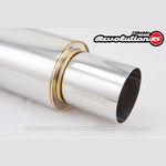 Polished stainless steel GReddy Revolution series universal muffler with 2.5 inch inlet and etched logo.