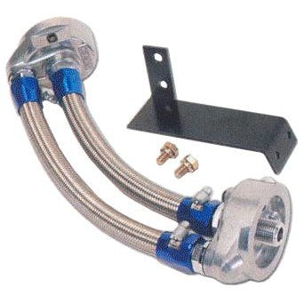 GReddy oil filter relocation kit with block adapter, remote mounting bracket, and braided hoses for Skyline GT-R