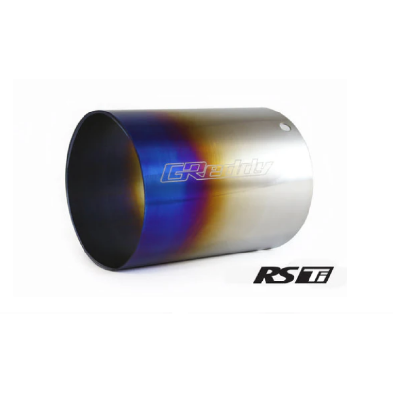 GReddy burnt titanium exhaust tip with blue heat-treated finish, 115mm diameter and 150mm length.