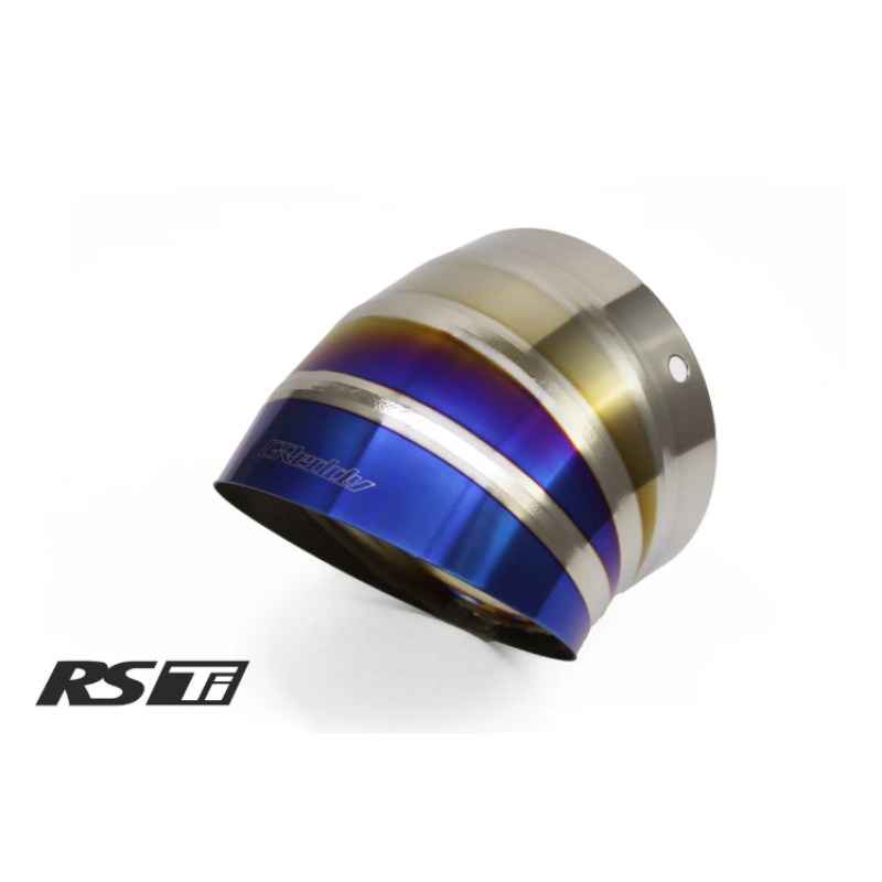 GReddy burnt titanium exhaust turndown tip with blue gradient finish, 115mm diameter and 150mm length