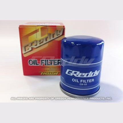 Blue GReddy OX-03 performance oil filter with white logo and 3/4-16UNF threaded inlet