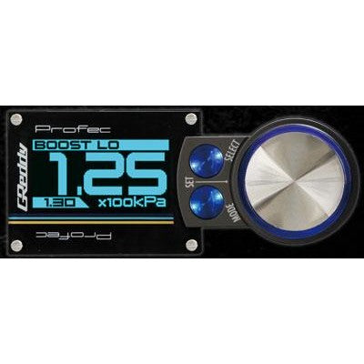 GReddy PRofec electronic boost controller main unit with OLED screen and blue control dial.
