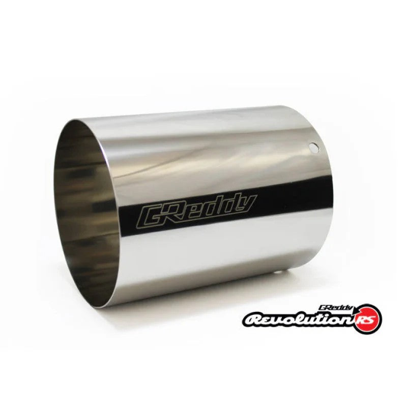 Polished stainless steel GReddy Revolution RS exhaust tip, 115mm diameter and 120mm length.