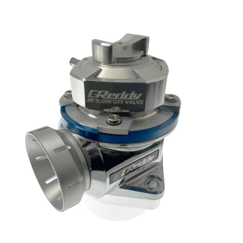 GReddy Type FV2 Universal Blow Off Valve with polished aluminum body and blue adjustment top hat.