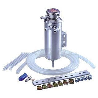 Polished aluminum GReddy universal cooling breather tank with mounting bracket and installation hardware.