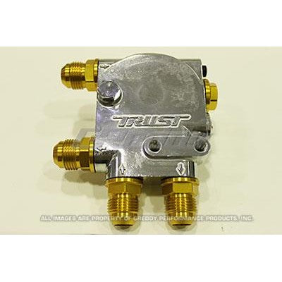 GReddy Type-I oil cooler block assembly with 3/4x16UNF center bolt and adapter ports.