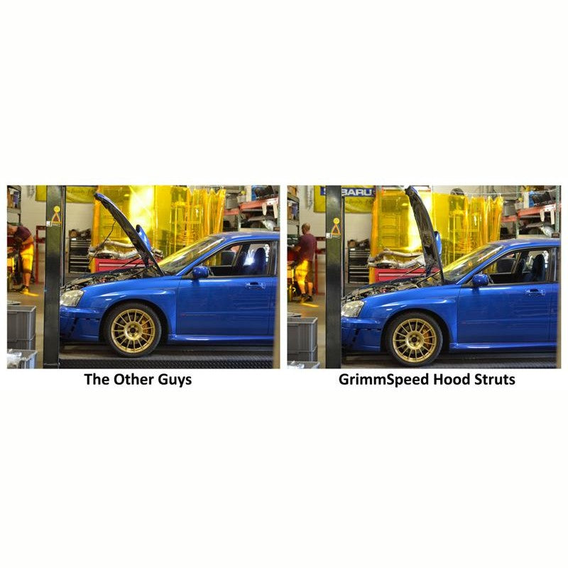 GrimmSpeed gas-charged hood strut kit with mounting brackets for 2002-2007 Subaru Impreza and WRX STI