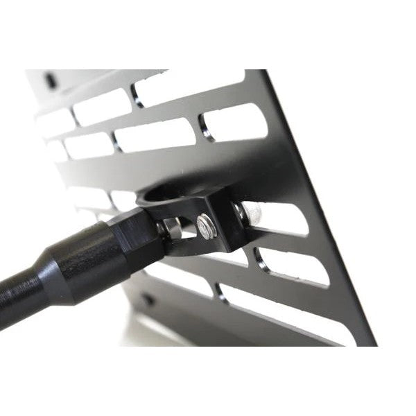 GrimmSpeed license plate relocation kit including black mounting bracket and threaded tow hook adapter post