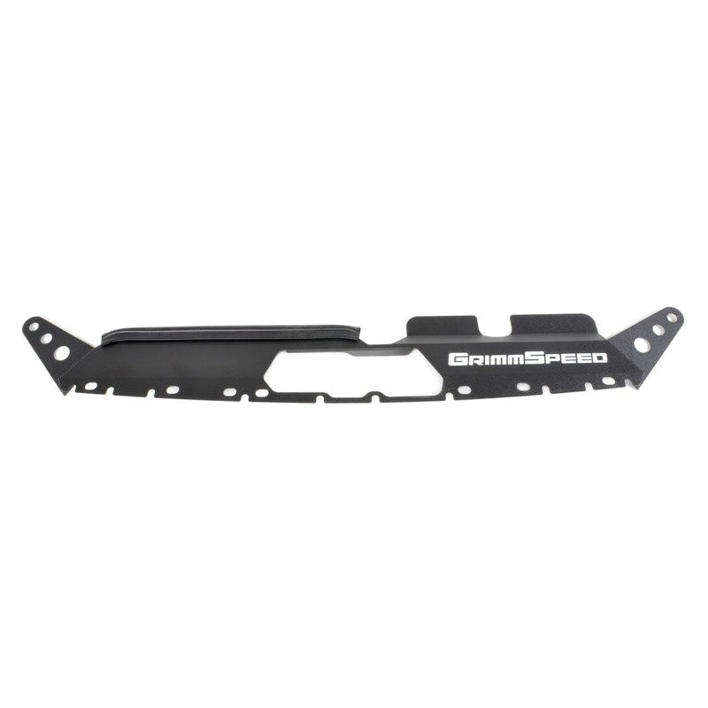 GrimmSpeed black radiator shroud mounted on a Subaru WRX STI upper radiator core support.