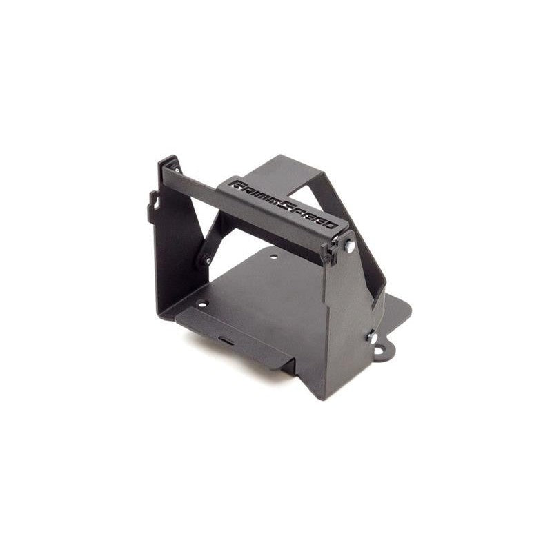 Black powder-coated GrimmSpeed lightweight battery mount for 2016-2018 Ford Focus RS.
