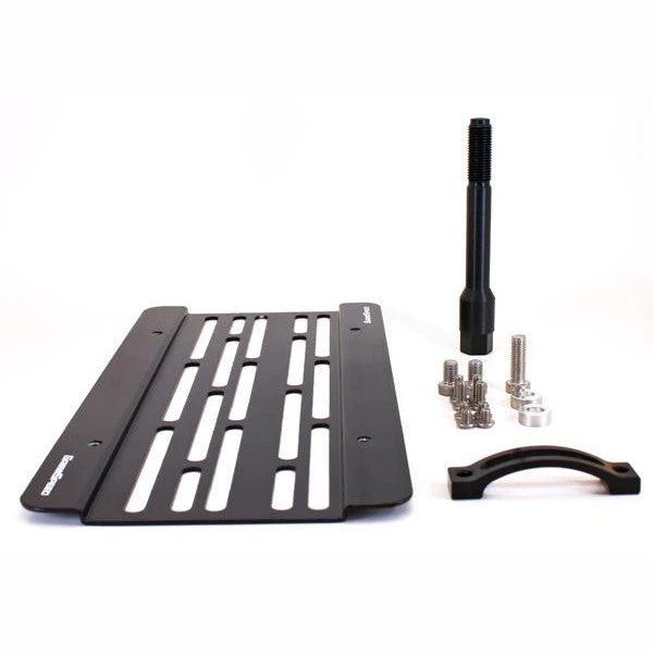 GrimmSpeed black license plate relocation kit with tow hook adapter and hardware