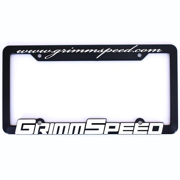 A pair of black GrimmSpeed license plate frames with white logo lettering for front and rear plates.